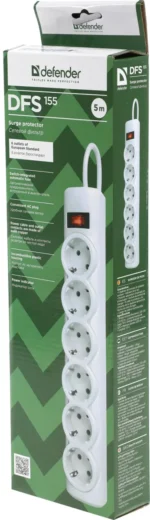 Сетевой фильтр defender dfs155, 5м, 6 розеток, 2200Вт white