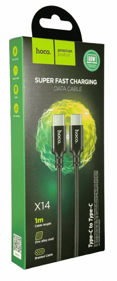 Дата-кабель Hoco X14  PD 60W Type-C/Type-C 1m Black