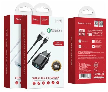 СЗУ Hoco C12Q 1USB 3A Quick Charge 3.0 adapter Black