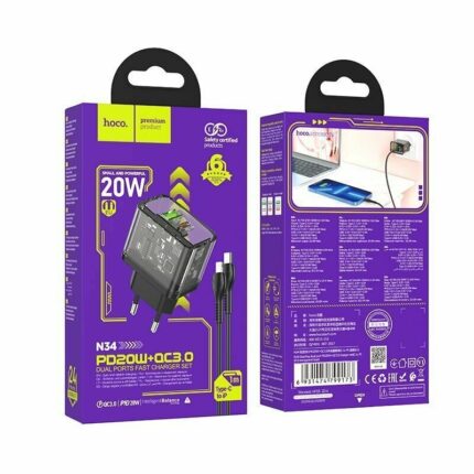 СЗУ Hoco N34 PD20W + QC 3.0 Type-C/Lightning Black